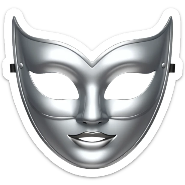 A sleek masquerade mask emoji made of polished silver chrome, smooth sensual curves, reflective metallic surface, mysterious sexy luxury vibe, minimal iOS emoji style, centered, clean white background sticker