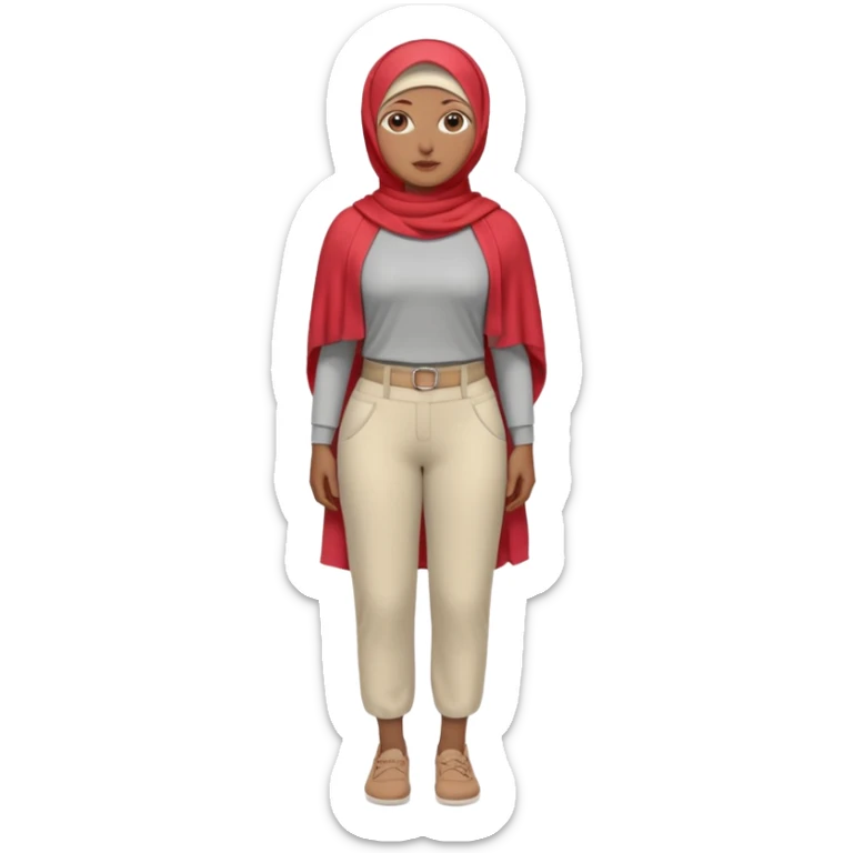 Heavy-set woman with medium-brown skin wearing a light red hijab, cream top, light red pants, tan shoes, and a visible gray below-knee prosthetic leg. Standing confidently with one hand on her hip sticker