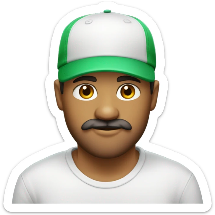 Créer un jeune homme métisse avec une barbe et une moustache avec une casquette verte et un t shirt blanc sticker