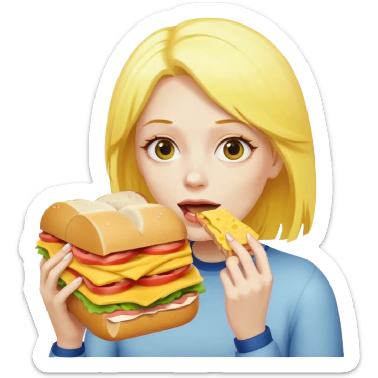 A woman with yellow hair and yellow skin eating a HUGE sandwich sticker