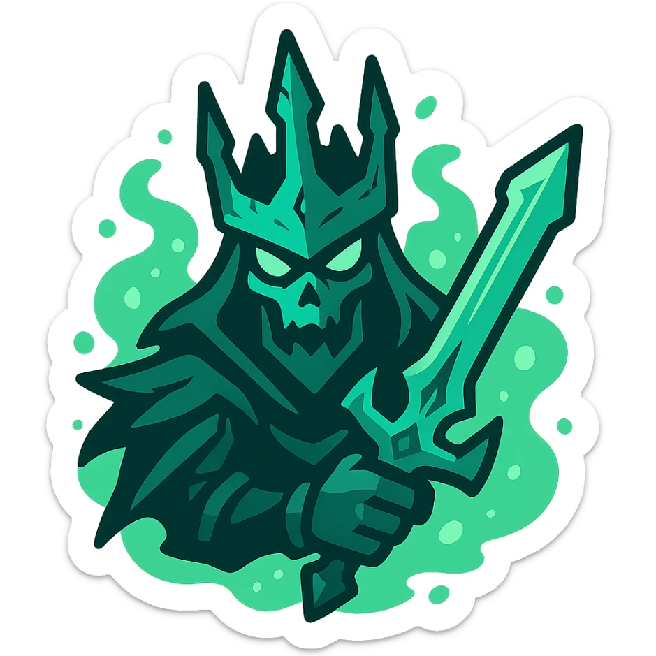 The Ruined King from League of Legends, stylized, focus on his jagged crown and spectral sword, glowing green mist, no text, emoji or icon style sticker