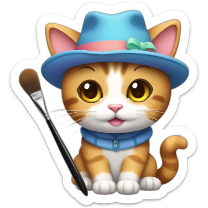 Kawaii cat artist in hat with palette and brush so it can be used as a mouse cursor sticker