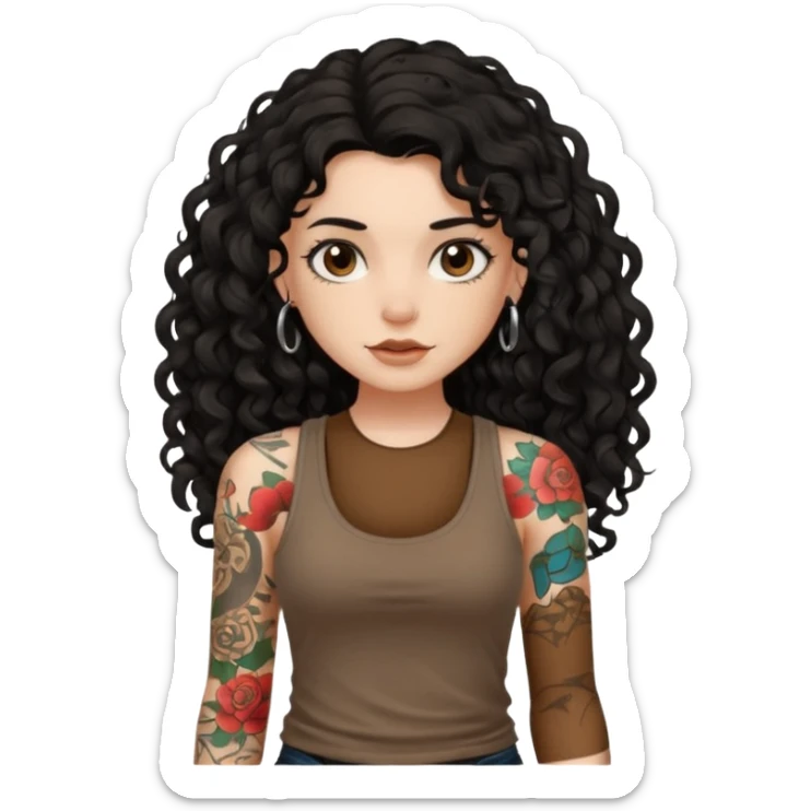 a pretty bratz fair girl with black long curly hair in a brown tank top with tattoos sticker