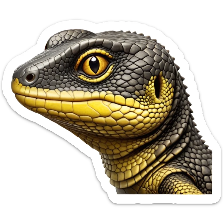 cinematic-realistic-cute-monitor-lizard-portrait-emoji,-head-tilted-playfully-and-inquisitively,-featuring-a-compact,-agile-body-with-finely-detailed,-glossy-scales-in-earthy-black and yellow-hues-and-a-distinct,-alert-face-with-bright,-curious-eyes, black , yellow spotted and green band  scales and a big long neck sticker