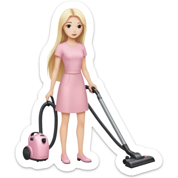 A white girl with long blonde straight hair in pale pink-colored clothes vacuums sticker