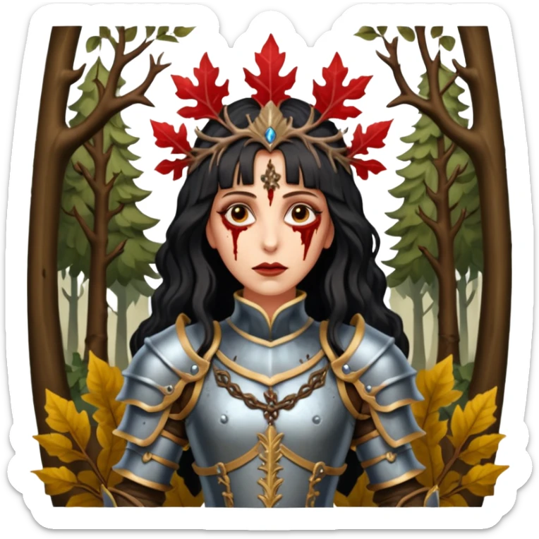 realistic cinematic actress Cher in baroque styling like Joan of Orleans dirty bloody damaged armor in a forest sticker