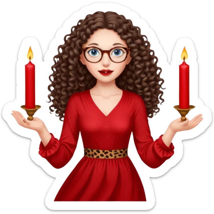 a blue eyed woman with very long brunette curly hair, full lips,and really pale skin. She is wearing a leopard printed thin round-ish glasses . She is wearing fully plain silky red dress. She is flying on the air. There are red candles in her hands. She is making a magic. sticker