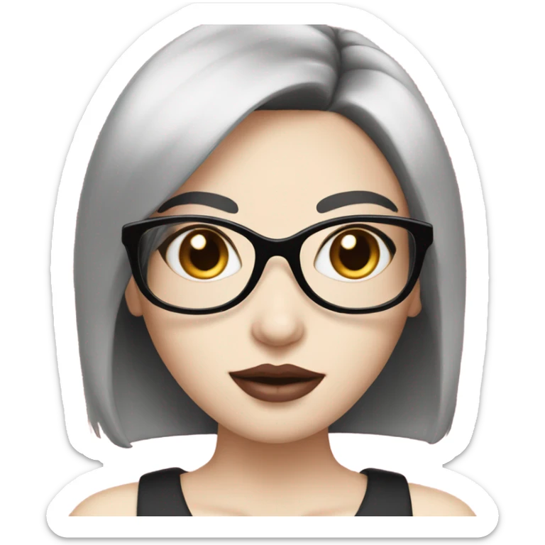 a girl with medium wolfcut black hair pale skin with pink lips, with round pink glasses sticker