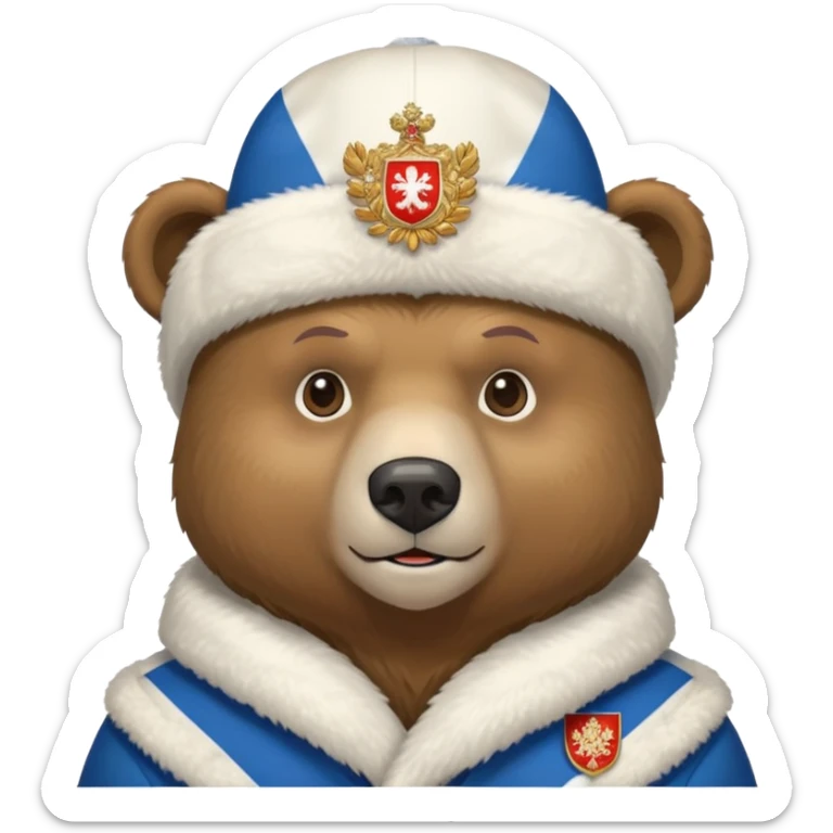 Just the head of a bear wearing white ushanka hat with detailed Russian coat of arms emblem centered on hat, iOS emoji style sticker