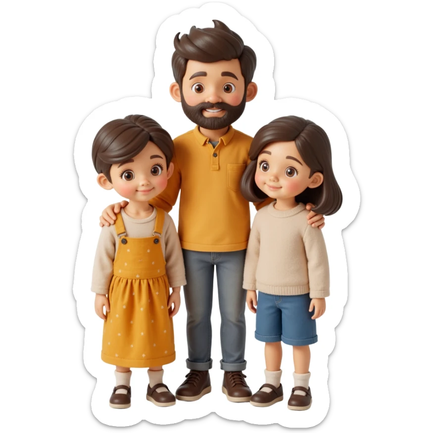 closeup front angle shot of a family of three with parent and two kids, lifelike skin hair and clothing details, skeuomorphism style sticker