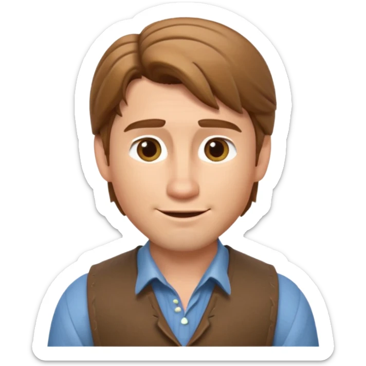 3D Apple-style emoji of Flynn Rider: fair skin, light brown hair, raised eyebrow, charming smile, playful confident look. sticker