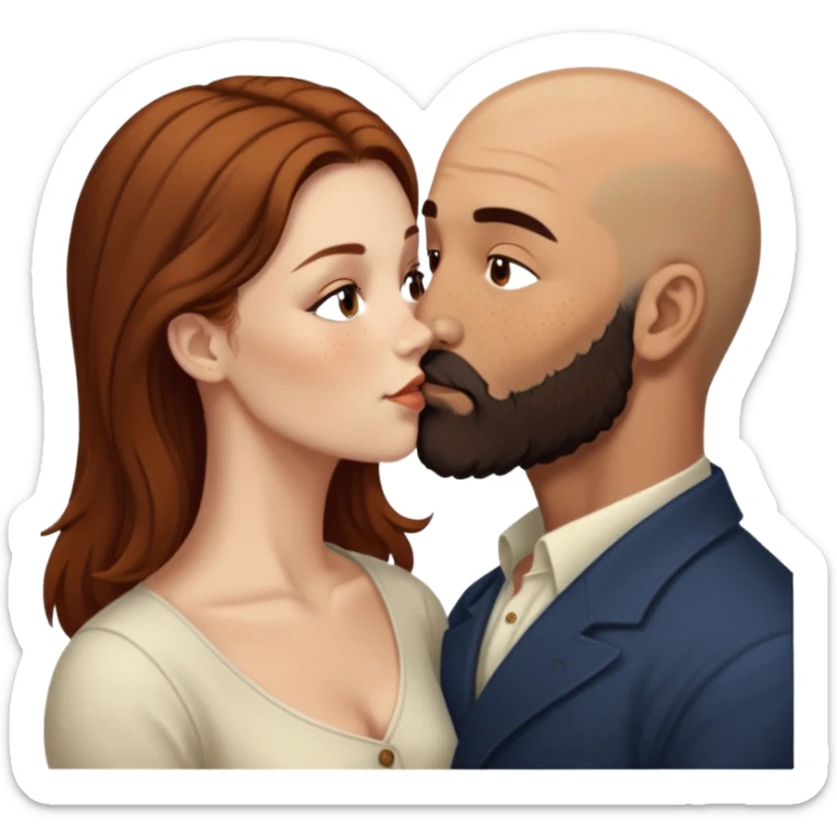 Couple. Bald man with dark brown-black beard. White woman with many small, faded freckles, she has white skin and she has auburn-brown-cinnamon, dark long hair. She has light brown eyes. The man have hazel eyes. She have light eyes. Retro style. She kisses him. Dark akademia. sticker