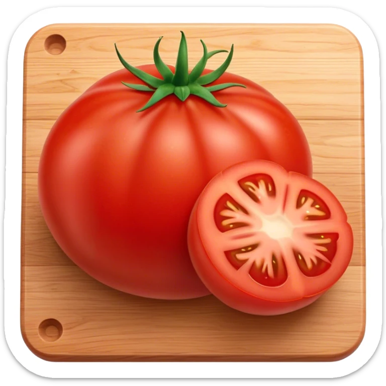 Cinematic juicy ripe tomatoe, deep red, slightly dewy, arranged on a wooden cutting board, soft glowing background, rich and flavorful. sticker