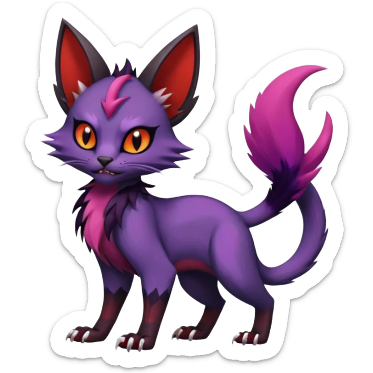 Black edgy Noivern-Noibat-Purloin-Torracat-Lykoi-Caracal-cat-Fakemon-fusion-hybrid-creature with violet and red scale markings sticker