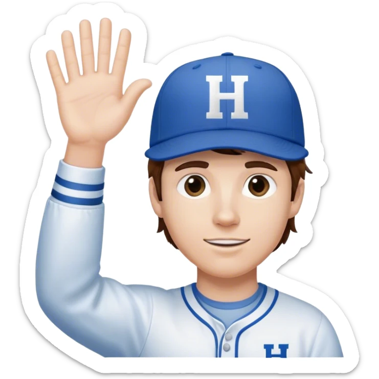 White Man with mid-length brown hair wearing blue baseball hat with the letter H on it. Hand waving. He is wearing a white oxford shirt.  sticker