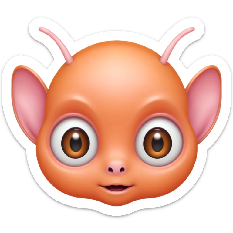 Portrait of a cute alien with round head, big shiny eyes, pastel orange skin, small antennae, friendly expression, cartoon style sticker