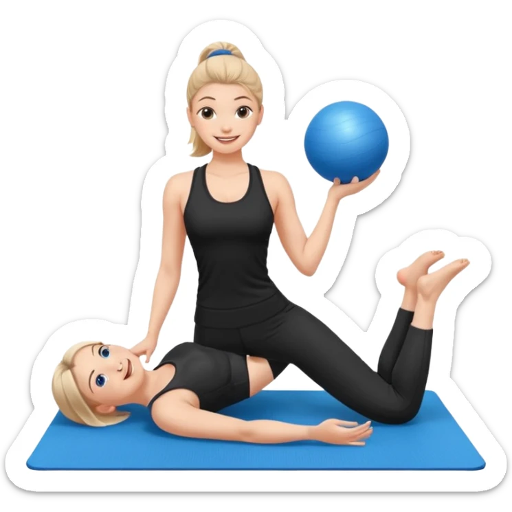 generate a pretty woman in black gym clothes doing pilates on a blue mat with a small blue ball sticker