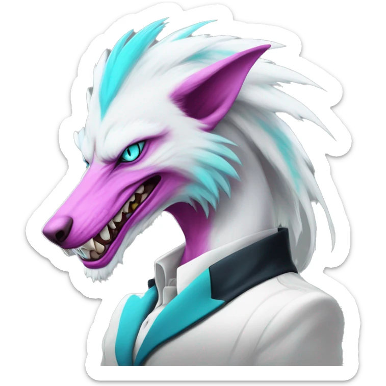 White elegant beautiful natural cute badass epic anthro modern albino sergal-vernid-Fakémon with cyan mane and magenta eyes with cyan edgy stripes, anthropomorphic, two-legged, digitigrade, full body sticker