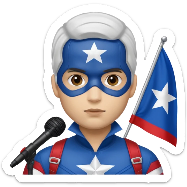 Québécois rockstar w captain america style costume and face paint man w Quebec flag and microphone sticker