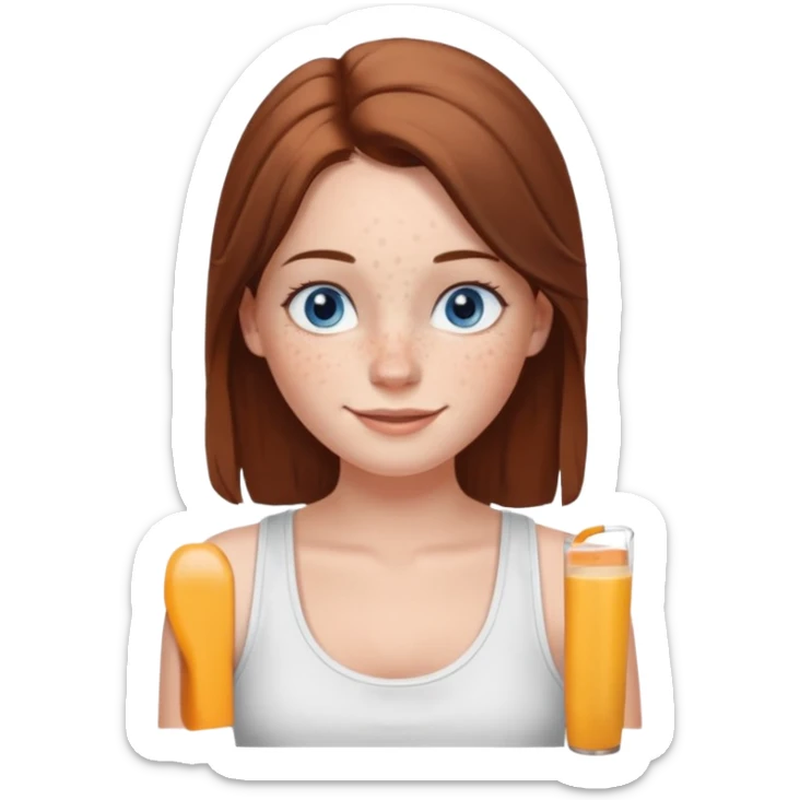 Una chica de tez blanca con pecas, nariz respingada, labios gruesos, ojos grandes color azul grisáceo, pelo largo, lacio, color castaño. Con una blusa de tirantes blanca. Que este sonriendo y q solo se vea de la cintura hacía arriba sticker