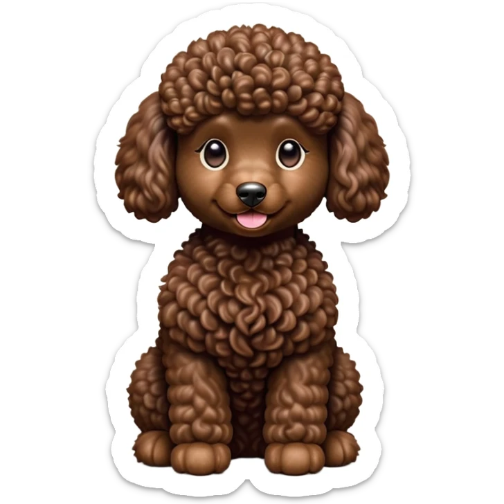 cinematic-[poodle]-realistic-full-body-sitting-emoji,-tail-resting-loosely-beside-its-paws,-head-tilted-dramatically, -curly-[chocolate]-fur,-simplified-yet-realistic-focused-features,-highly-detailed,-glowing-with-an-almost-sarcastic-glow sticker
