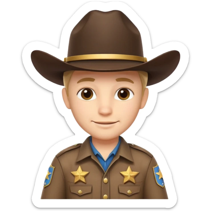 cute sheriff cowboy portrait, head and shoulders only, cowboy hat, sheriff badge on chest, confident smile, western uniform collar, 3D cartoon, mobile game icon style, clean background, no text, no watermark
 sticker