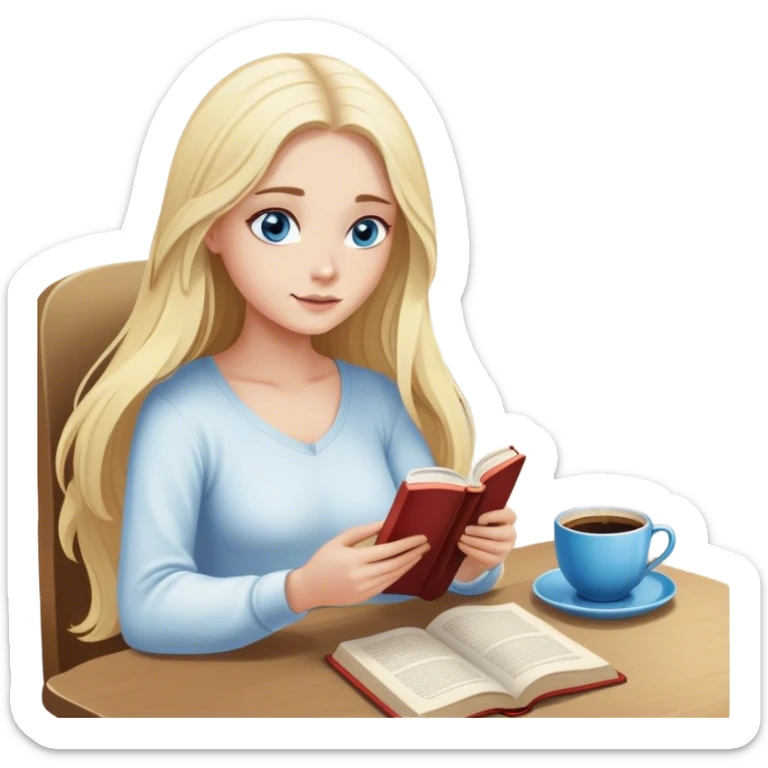 Cinematic realistic blonde with long hair and blue eyes, sitting reading a book, coffee is on the table next to her sticker