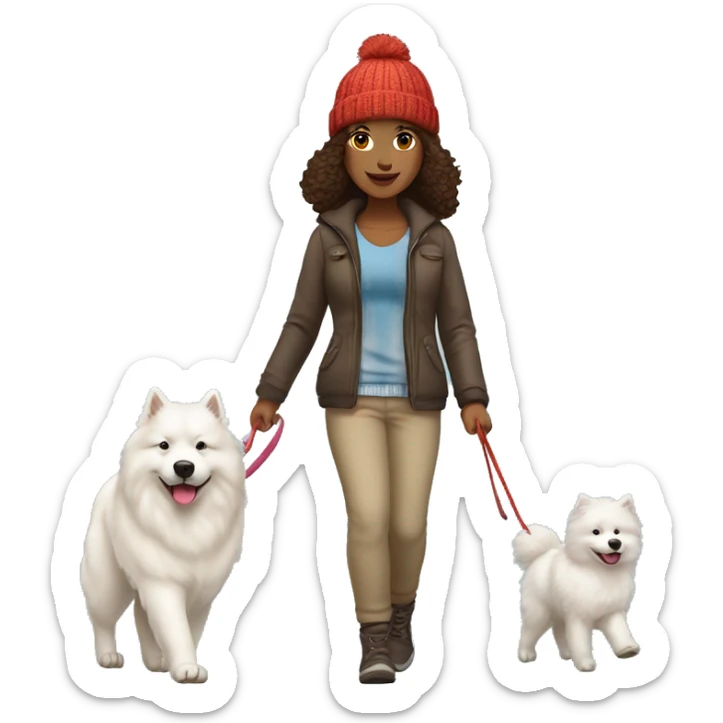 full body view of brunette female with light skin tone with knit hat walking a samoyed on a leash sticker