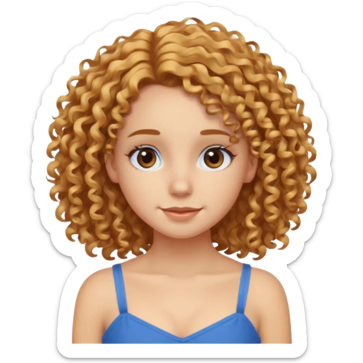 girl with curly golden hair, brown eyes, blue camisole dress, friendly expression sticker