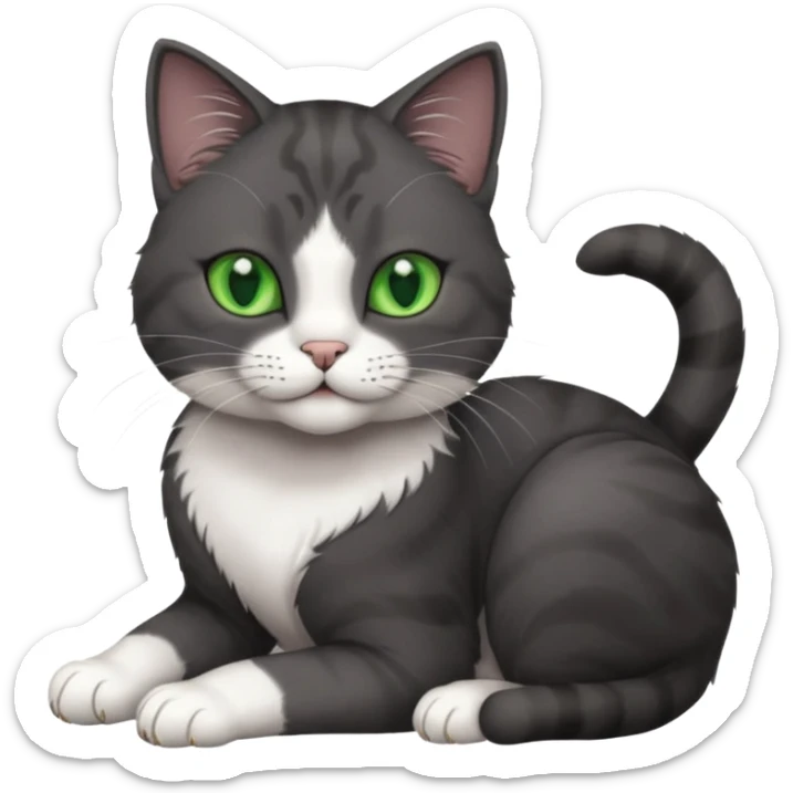 beautiful female solid dark grey cat with green eyes, white toes/paws and white patch on her chest rolling over sticker