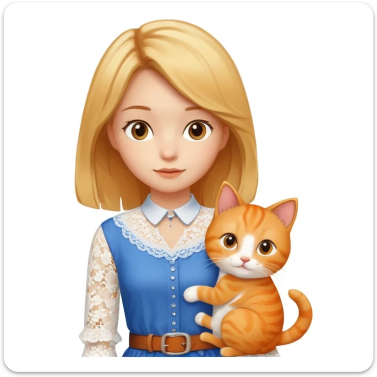 A very beautiful girl with honey-blond hair and kind eyes. She has medium-length hair, is wearing a white lace blouse, blue pants, and a brown belt, and is holding an orange cat.
 sticker