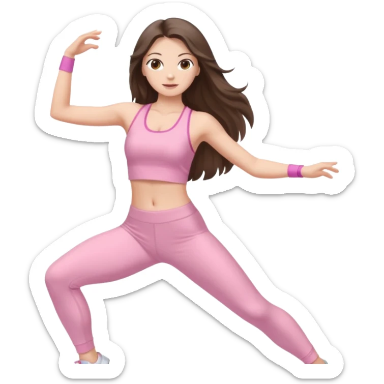 white brunette girl long hair with hazel eyes in light pink workout clothes dancing  sticker