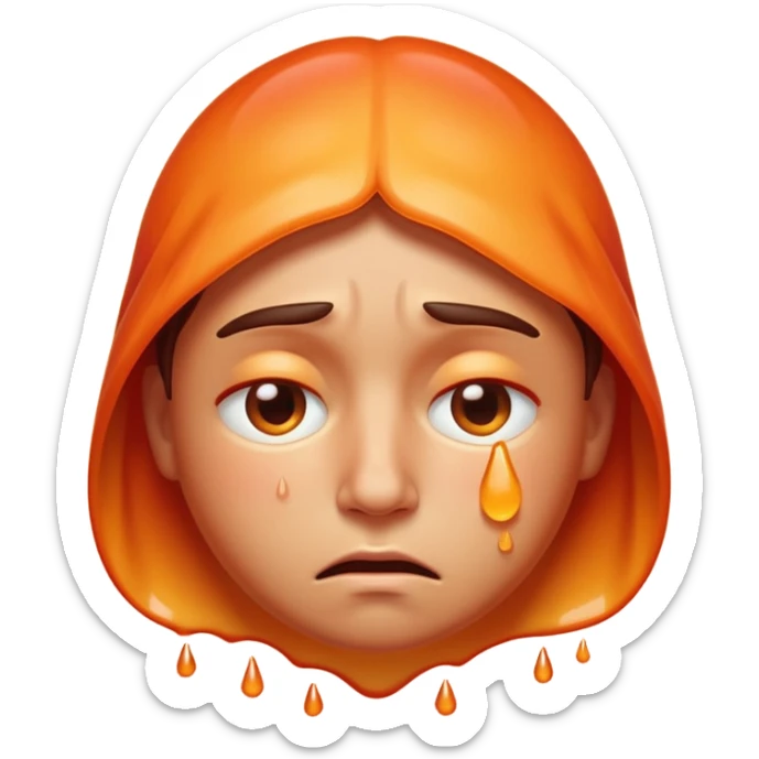 Apple-style emoji illustration of a person melted, overheated face with sweat drops, half-closed exhausted eyes, annoyed or angry expression, warm orange and red tones, soft 3D emoji style, smooth gradients, rounded shapes, centered composition. sticker