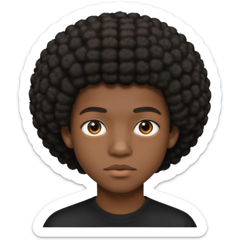 Une homme de 17 ans il a la peau noir foncé , des lèvres pulpeuses et un regard nonchalant. Il a un petit afro taper sticker