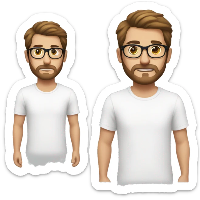 Young man with a short beard, brown hair and a moustache, wearing a white t-shirt and glasses with transparent frame sticker