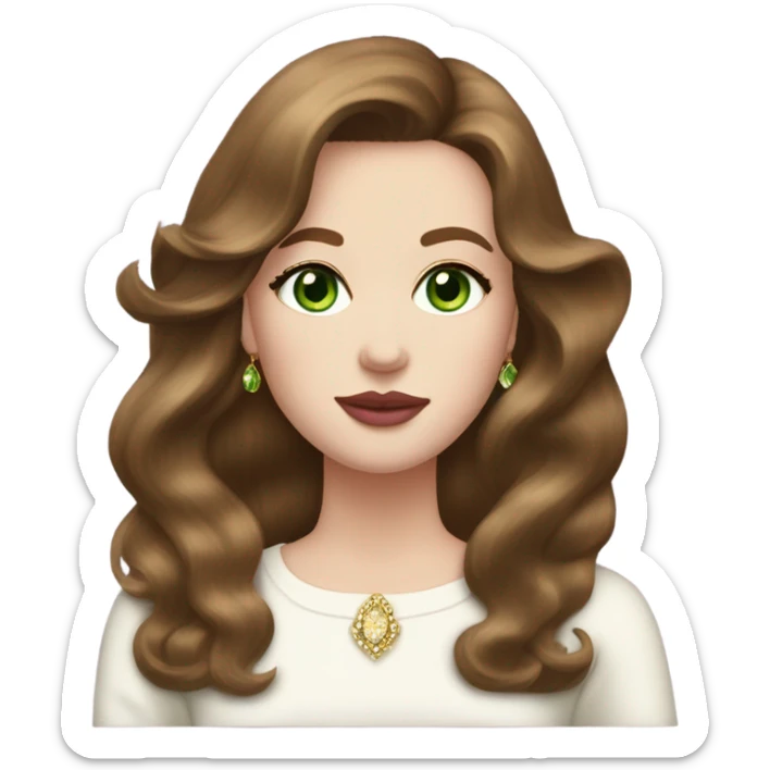 woman, with chestnut brown hair, her hair are a 90s voluminous blowout with curtain bangs, she has very green eyes and a white pale skin, she has pink lipstick on and long lashes, she wears a white to and  gold earrings  sticker