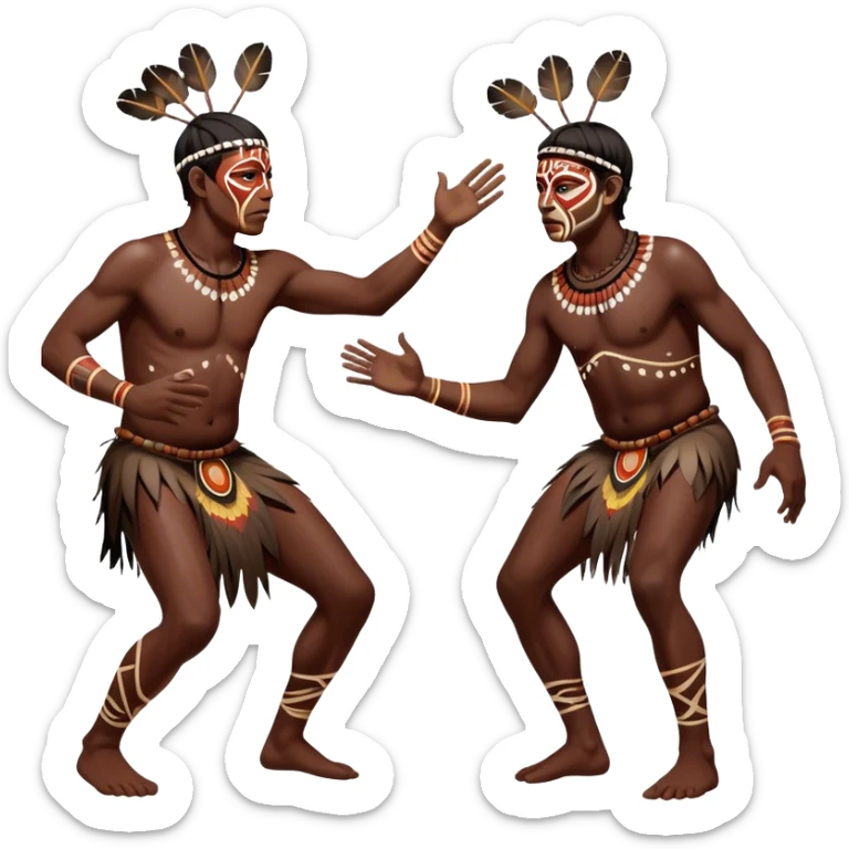 Cinematic Realistic scene of two indigenous male aboriginals performing an Aboriginal Corroboree, adorned in traditional body paint, captured in fluid motion with earthy tones and vibrant, cultural lighting sticker