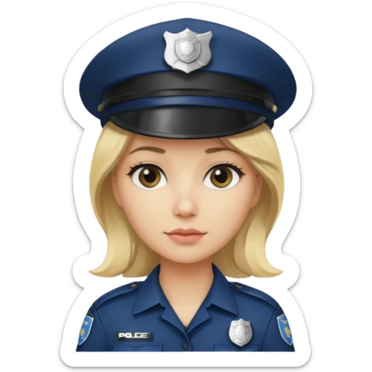 A blonde woman wearing a dark police hat with a silver badge, looking straight ahead with a calm expression. sticker