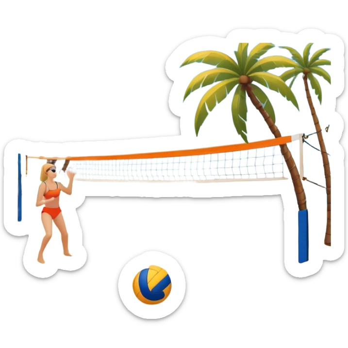 A volleyball resting on the orange sand of a beach, with a volleyball net in the background. The scene includes a beautiful beach landscape with blue sea, sky, and palm trees, while a couple of women in swimsuits play in the distance, capturing the relaxed yet competitive vibe of beach volleyball. sticker