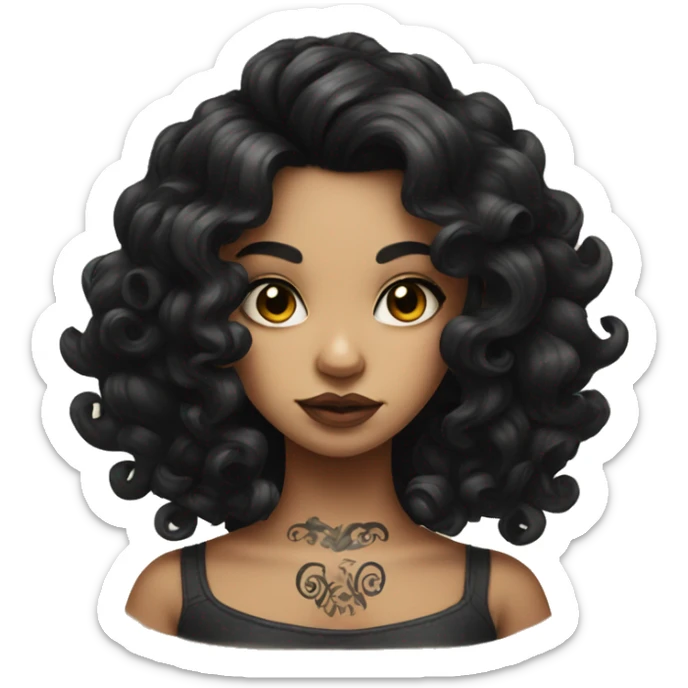 
girl with black hair in curls and art tattoo sticker