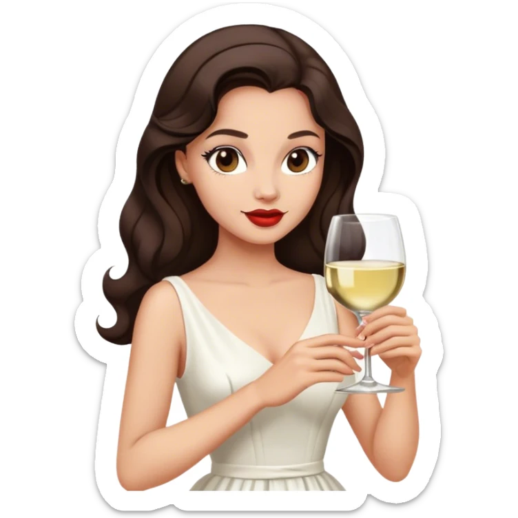 Beautiful woman in 1950’s woman fashion look, white dress, long hair, wine, dark brown hair sticker