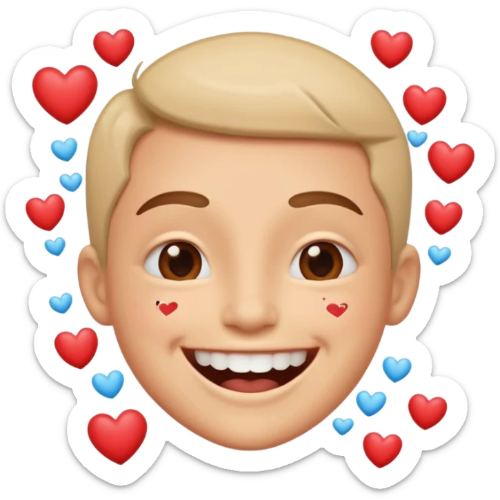 Una cara con una sonrisa tan amplia que la mitad inferior parece salirse del círculo del emoji. Se puede añadir un efecto de "espray" de pequeñas partículas de alegría (como mini-corazones o destellos) que salen de la boca. sticker