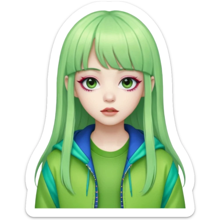  portrait-of-a-green alien-k-pop-idol,-wearing-a-stylish-streetwear-outfit-with-layered-colorful-clothing,-long-hair-with-bangs,-makeup,- sticker