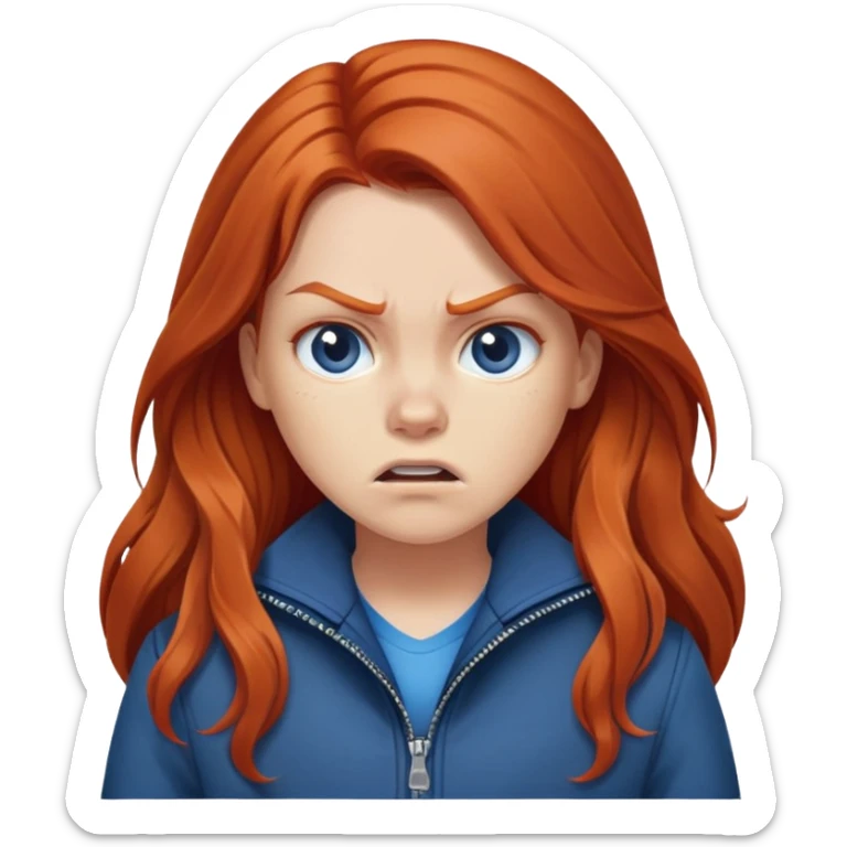 Redhead girl with long hair in blue jacket looking angry sticker