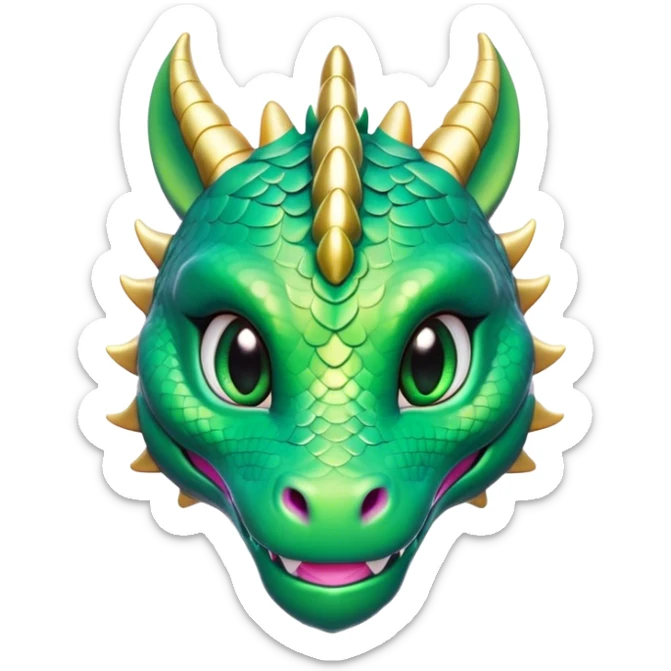Cinematic Cute Dragon Portrait Emoji, Head tilted playfully and inquisitively, featuring a sleek, serpentine form adorned with iridescent scales that shift between emerald and gold, a delicate set of subtle horns, and round, sparkling eyes full of curious magic; rendered with realistic detail and warm natural light, high shine, affectionate and enchanting, styled with a touch of whimsical fantasy, soft glowing outline, capturing the essence of a mischievous yet lovable dragon that seems poised to slither playfully into your arms! sticker