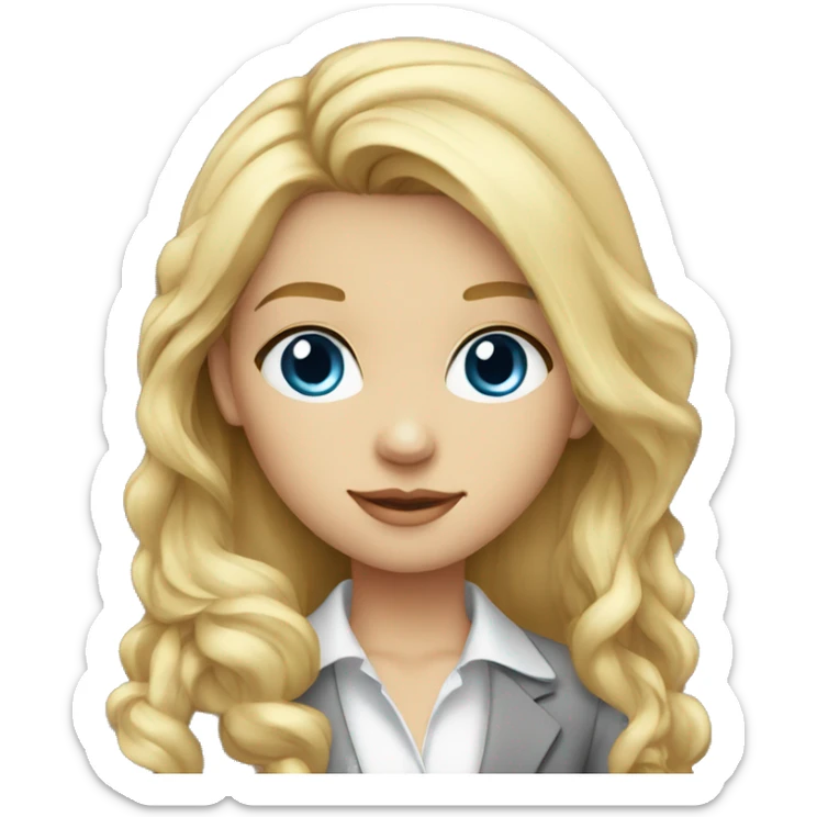  young blonde girl with long hair dressed in suit with gray dress blue eyes and white shirt sticker