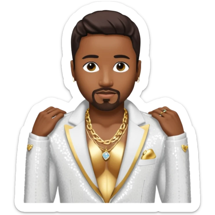 Teddy Riley with dark brown hair, white sequin jacket, shirtless with necklace  sticker