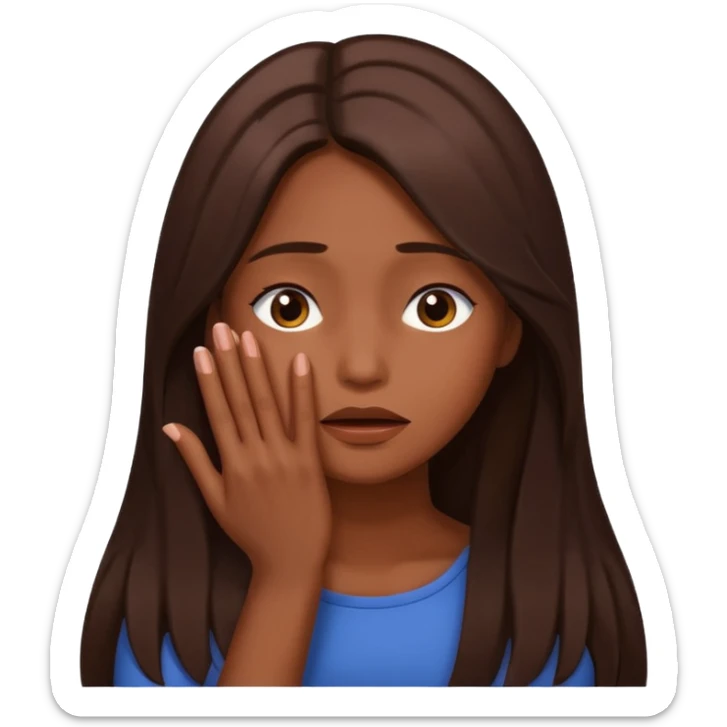 Create an emoji of an attractive chocolate brown woman with long middle part layered hair, turning her head to the side with her hand slightly covering her face as if she’s hiding in embarrassment  sticker