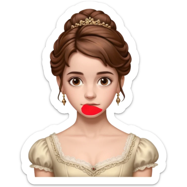 Cinematic Emma Watson Realistic Rococo Portrait, depicted with lifelike skin texture, subtle rosy undertones, and soft natural lighting that enhances the gentle contours of her face. Her intricately detailed brown hair is elegantly styled in an updo, sticker