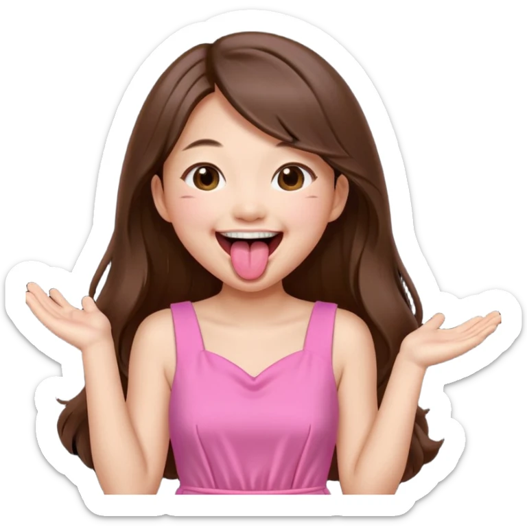 asian girl with long brown hair and fair skin wearing pink dress laughing while sticking tongue out sticker